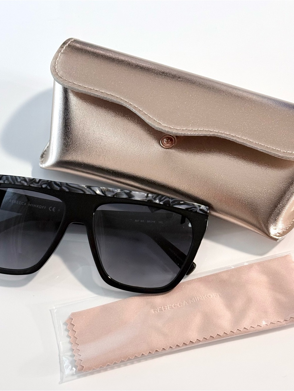 NEW Rebecca Minkoff black sunglasses flat brow marble trim with CASE & CLOTH